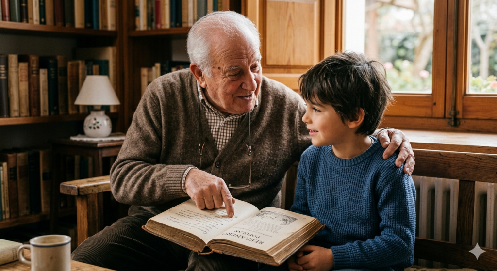 abuelo leyendo refranes a su nieto